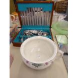 A 1960's COMMUNITY PLATE CANTEEN OF CUTLERY ALSO A POTTERY CHAMBER POT (2)