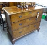 19TH CENTURY FIGURED MAHOGANY CHEST OF THREE GRADUATED LONG DRAWERS, 3?6? WIDE (BACK LEG A.F.)