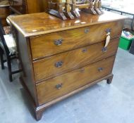 19TH CENTURY FIGURED MAHOGANY CHEST OF THREE GRADUATED LONG DRAWERS, 3?6? WIDE (BACK LEG A.F.)