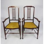 PAIR OF LINE INLAID MAHOGANY STAINED BEECH DRAWING ROOM OPEN ARMCHAIRS, each with pierced splat