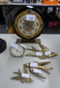 ART DECO CIRCULAR MANTEL CLOCK, AN ORIS CLOCK AND A SET OF THREE BRASS SWALLOWS WALL ORNAMENTS