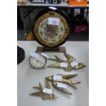 ART DECO CIRCULAR MANTEL CLOCK, AN ORIS CLOCK AND A SET OF THREE BRASS SWALLOWS WALL ORNAMENTS