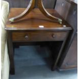 MAHOGANY SMALL WRITING TABLE WITH SINGLE DRAWER, RAISED ON STRAIGHT SUPPORTS, WITH PANEL BACK