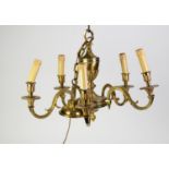 TWENTIETH CENTURY LACQUERED BRASS FIVE LIGHT ELECTROLIER, with leaf capped scroll arms and