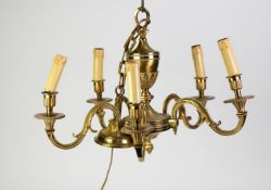 TWENTIETH CENTURY LACQUERED BRASS FIVE LIGHT ELECTROLIER, with leaf capped scroll arms and