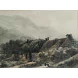 DAVID COX II (1809-1885) WATERCOLOUR DRAWING Two stone cottages in a highland landscape Signed D Cox