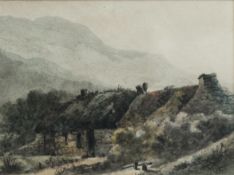 DAVID COX II (1809-1885) WATERCOLOUR DRAWING Two stone cottages in a highland landscape Signed D Cox