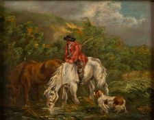 CIRCLE OF GEORGE MORLAND (1763-1804)  OIL ON PANEL  A figure on horseback with another horse and dog