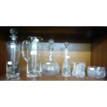 MODERN HEAVY PLAIN GLASS CYLINDRICAL DECANTER WITH DEEP BUBBLE GLASS BASE, SPHERICAL STOPPER,