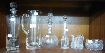 MODERN HEAVY PLAIN GLASS CYLINDRICAL DECANTER WITH DEEP BUBBLE GLASS BASE, SPHERICAL STOPPER,