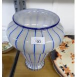 LARGE OPAQUE WHITE GLASS GOURD SHAPED LARGE VASE WITH VERTICAL BLUE GLASS STRIPES, 10? (25.4cm) HIGH