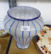 LARGE OPAQUE WHITE GLASS GOURD SHAPED LARGE VASE WITH VERTICAL BLUE GLASS STRIPES, 10? (25.4cm) HIGH