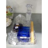 CUT GLASS OBLONG DRESSING TABLE TRAY, CANDLESTICK AND POWDER BOWL WITH COVER AND A BLUE GLASS CUBE
