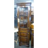 18TH CENTURY STYLE OAK SMALL DOUBLE CORNER CUPBOARD, WITH GLAZED PANE PANEL DOOR OVER A FRAMED PANEL