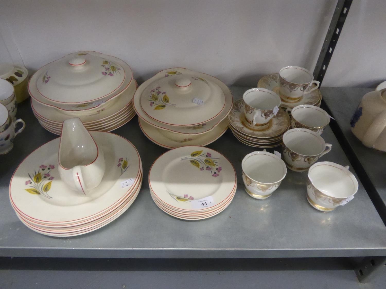 A CHINA TEA SERVICE FOR SIX PERSONS, APPROXIMATELY 17 PIECES, WITH PRINTED AND GILT FESTOON