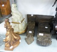 CARVED WOOD EFFECT CORBELLED WALL BRACKET WITH SHELF, 16in (40.6cm) HIGH AND THREE OTHERS PAINTED TO