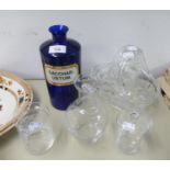 A BLUE GLASS DRUG BOTTLE WITH WHITE LABEL ?SACCHAR USTRUM?; A HEAVY CUT GLASS BASKET PATTERN FRUIT