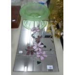 A 1930's FROSTED GREEN GLAZED BOWL, AND A MODERN LEADED COLOURED GLASS VERTICAL WALL MIRROR (2)