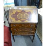 A MAHOGANY AND MARQUETRY BUREAU WITH THREE LONG DRAWERS, ON SLENDER SQUARE TAPERING LEGS, 2? WIDE