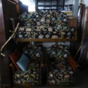 A BERGERE THREE PIECE SUITE, COMPRISING; A SETTEE AND TWO ARMCHAIRS, ALL HAVING CANE ARMS AND
