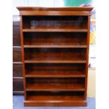 MODERN WALNUT LARGE OPEN BOOKCASE, the moulded cornice above five shelves with reeded fronts, to the