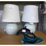 PAIR OF BEDSIDE TABLE LAMPS, TOUCH OPERATED; A POOLE POTTERY DOLPHIN AND DISH
