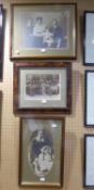 THREE FRAMED VICTORIAN FAMILY GROUP PHOTOGRAPHS AND A PAIR OF FRAMED PRINTS (5)