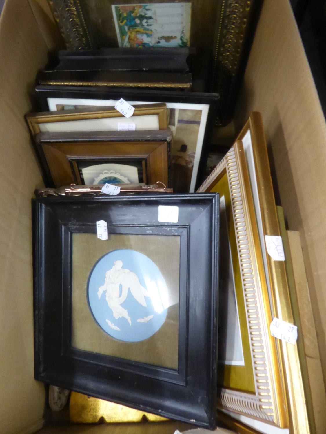 FRAMED PALE BLUE AND WHITE JASPERWARE  CIRCULAR PLAQUE DEPICTING AN ANGEL AND APPROX 17 SMALL FRAMED