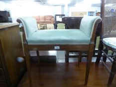 EDWARDIAN INLAID MAHOGANY PIANO STOOL WITH ROUND ARMS, SQUARE TAPERING LEGS