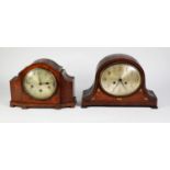 1930?s BURR WALNUT MANTLE CLOCK, striking on five rods, and an INLAID MAHOGANY NAPOLEON?S HAT SHAPED