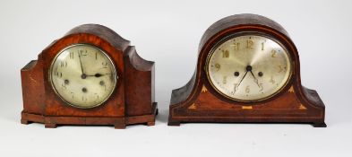 1930?s BURR WALNUT MANTLE CLOCK, striking on five rods, and an INLAID MAHOGANY NAPOLEON?S HAT SHAPED