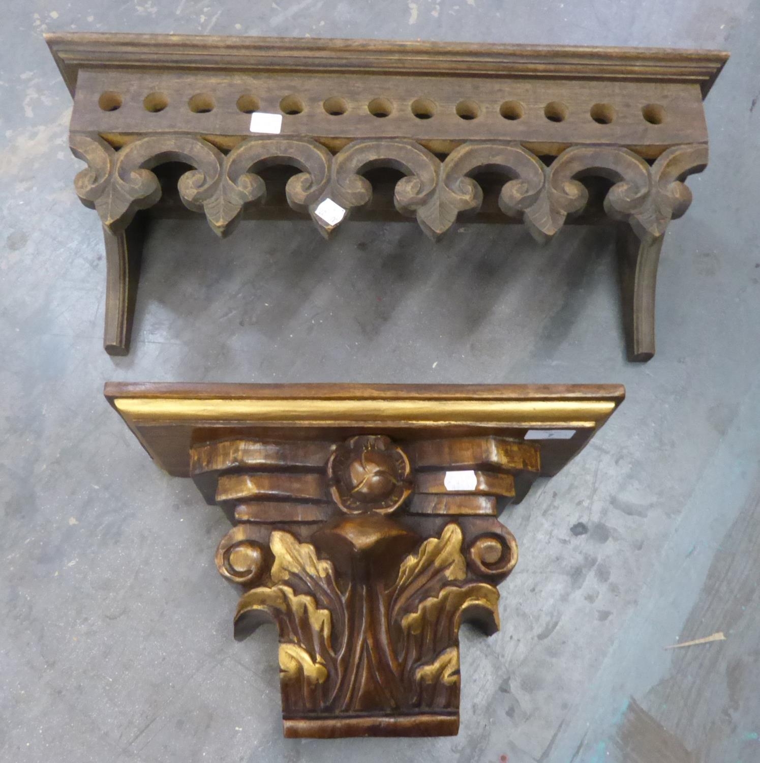 20th CENTURY CARVED WOOD WALL SHELF, OBLONG WITH 'C' SCROLL & LEAF CARVED & PIERCED FRINGE, 23 1/2in