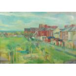 MERVYN GRIFFITHS JONES (1909-1979) OIL ON BOARD Street scene with figures and houses Faintly