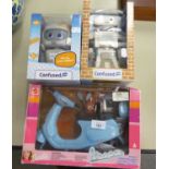 A 2002 BOXED BARBIE VESPA SCOOTER, ALSO TWO BOXED 'CONFUSED.COM' PLASTIC ROBOTS (3)