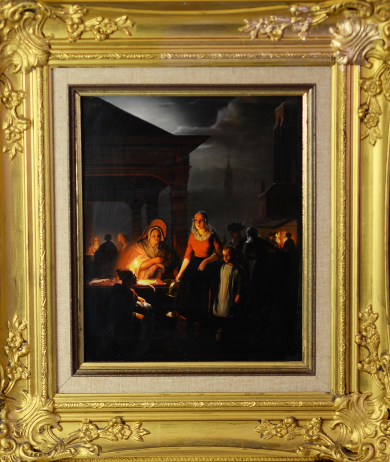 KREUTZER (TWENTIETH CENTURY) OIL PAINTING ON MANUFACTURED BOARD Candle lit figures at a market place - Image 2 of 2