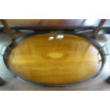 EDWARDIAN MAHOGANY OVAL GALLERY TRAY WITH BRASS END HANDLES, SHELL LOZENGE MARQUETRY INLAY, 1?10?