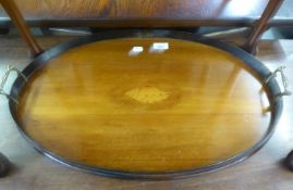 EDWARDIAN MAHOGANY OVAL GALLERY TRAY WITH BRASS END HANDLES, SHELL LOZENGE MARQUETRY INLAY, 1?10?