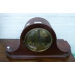 LARGE MAHOGANY CASED NAPOLEON HAT SHAPED MANTLE CLOCK with brass dial and striking on five rods, 21?