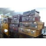 EIGHT VARIOUS SIZED BROWN LEATHER SUITCASES (8)