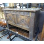 EARLY 18TH CENTURY CARVED OAK COFFER WITH FRAMED TWO PANEL HINGED LID, CARVED TWO PANEL FRONT, 3?