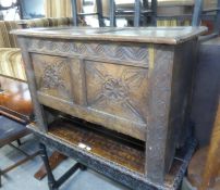 EARLY 18TH CENTURY CARVED OAK COFFER WITH FRAMED TWO PANEL HINGED LID, CARVED TWO PANEL FRONT, 3?