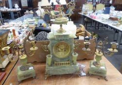 CIRCA 1900 FRENCH GREEN ONYX AND GILT METAL MOUNTED CLOCK GARNITURE, THE JAPY FRERES BELL STRIKING