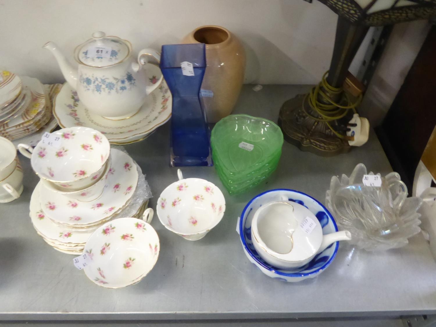 FOLEY CHINA PART TEA SERVICE, COLCLOUGH CHINA TEAPOT; SUNDRY POTTERY AND GLASS FLOWER VASES, ETC.