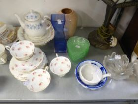 FOLEY CHINA PART TEA SERVICE, COLCLOUGH CHINA TEAPOT; SUNDRY POTTERY AND GLASS FLOWER VASES, ETC.