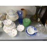 FOLEY CHINA PART TEA SERVICE, COLCLOUGH CHINA TEAPOT; SUNDRY POTTERY AND GLASS FLOWER VASES, ETC.