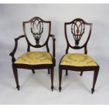 SET OF EIGHT (6+2) EARLY TWENTIETH CENTURY HEPPLEWHITE STYLE LINE INLAID MAHOGANY DINING CHAIRS,