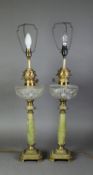 PAIR OF OIL TABLE LAMPS, EACH WITH ONYX COLUMN, brass square base and capital, cut glass reservoir