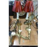 TWO MODERN CLASSICAL STYLE CANDLE BRACKETS, A BRASS WALL BRACKET AND TWO BRASS SHORT CANDLE