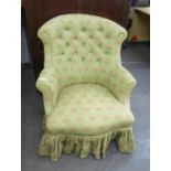 VICTORIAN STYLE BUTTON UPHOLSTERED LADY?S TUB SHAPED SMALL LOUNGE CHAIR