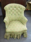 VICTORIAN STYLE BUTTON UPHOLSTERED LADY?S TUB SHAPED SMALL LOUNGE CHAIR